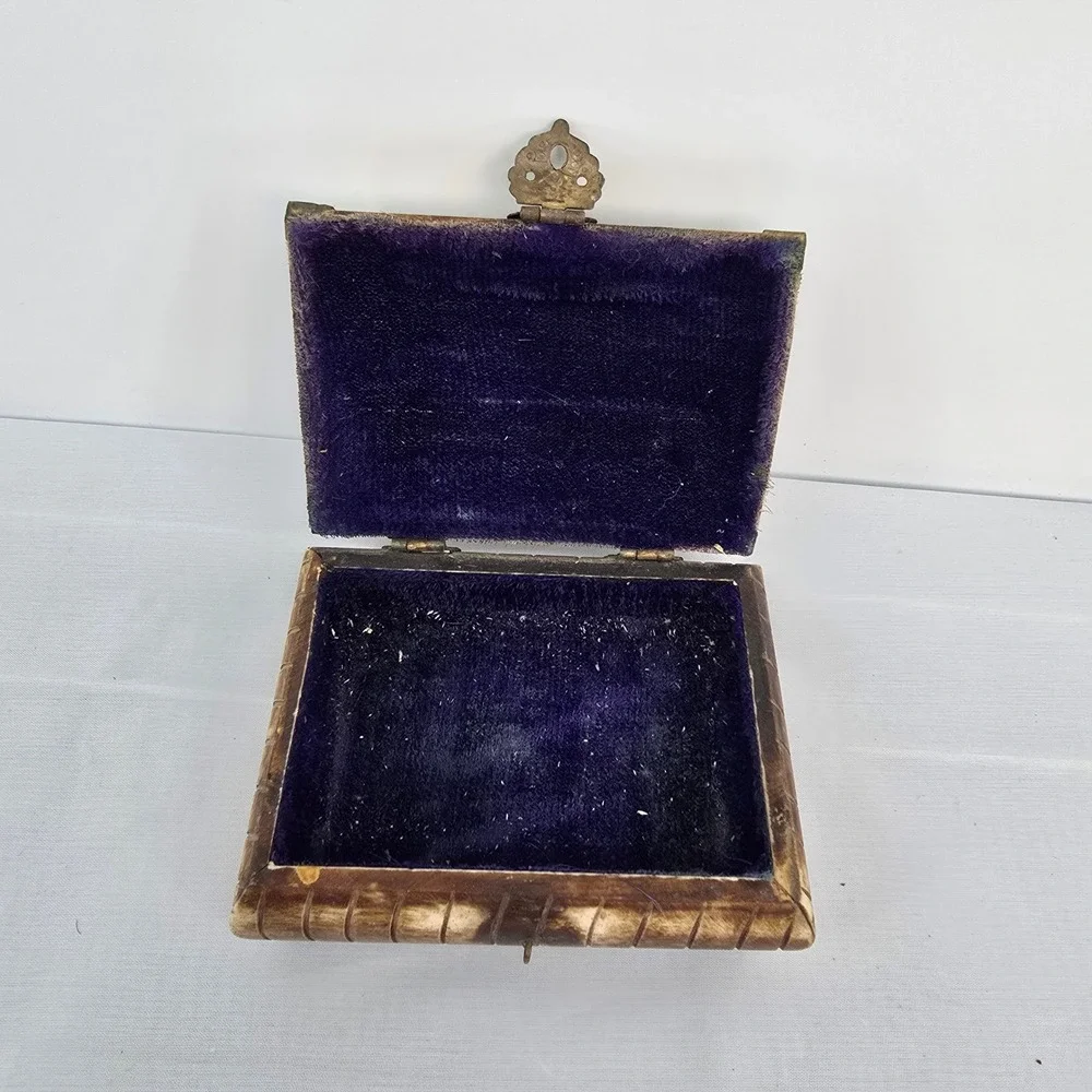 Vintage Camel Bone Trinket Box India Brass Inlay Velvet Lined Jewelry Chest
